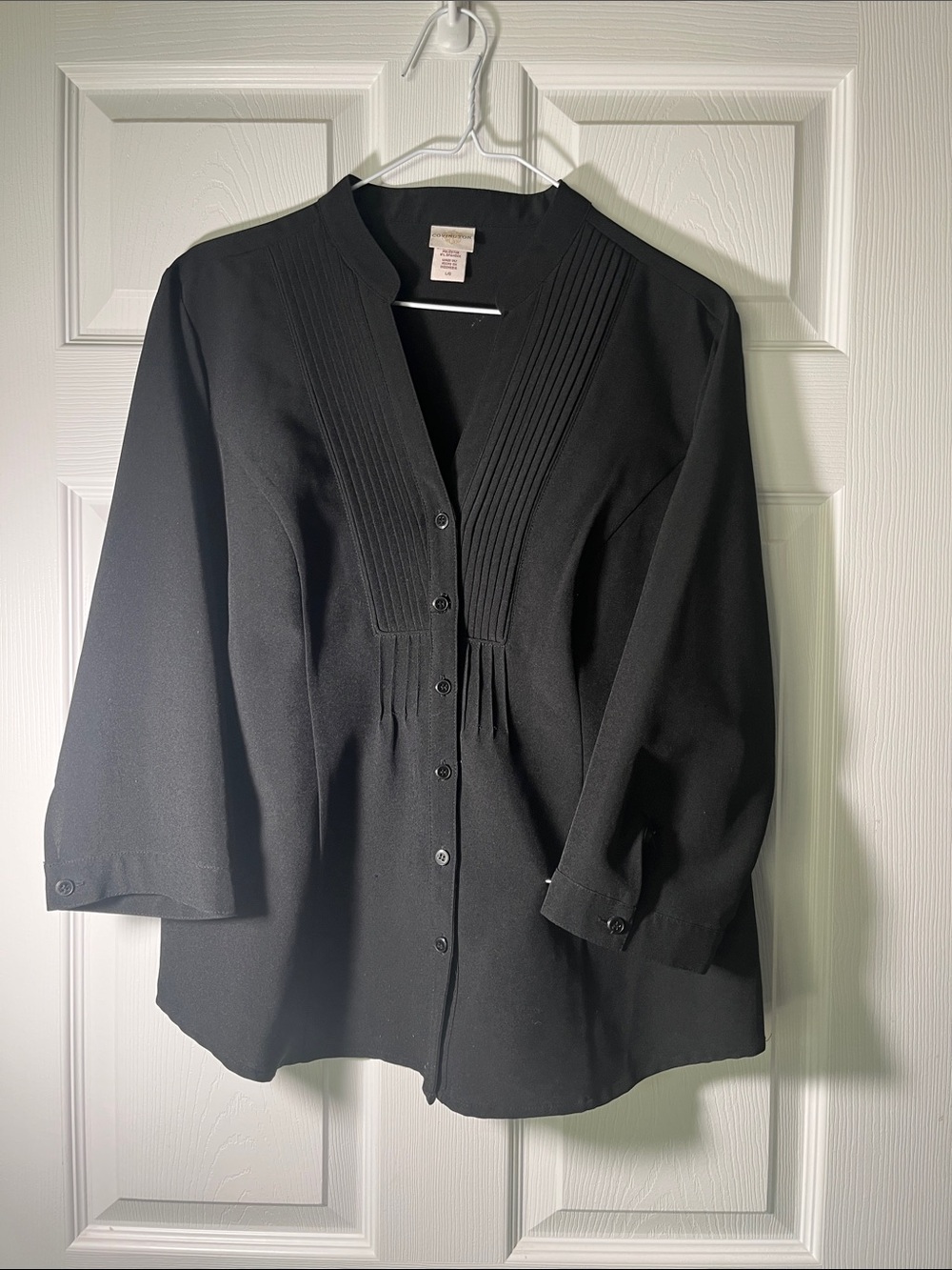Three Quarter Length Sleeve Black Polyester Spandex Blouse w/ V Neck & Pintuck